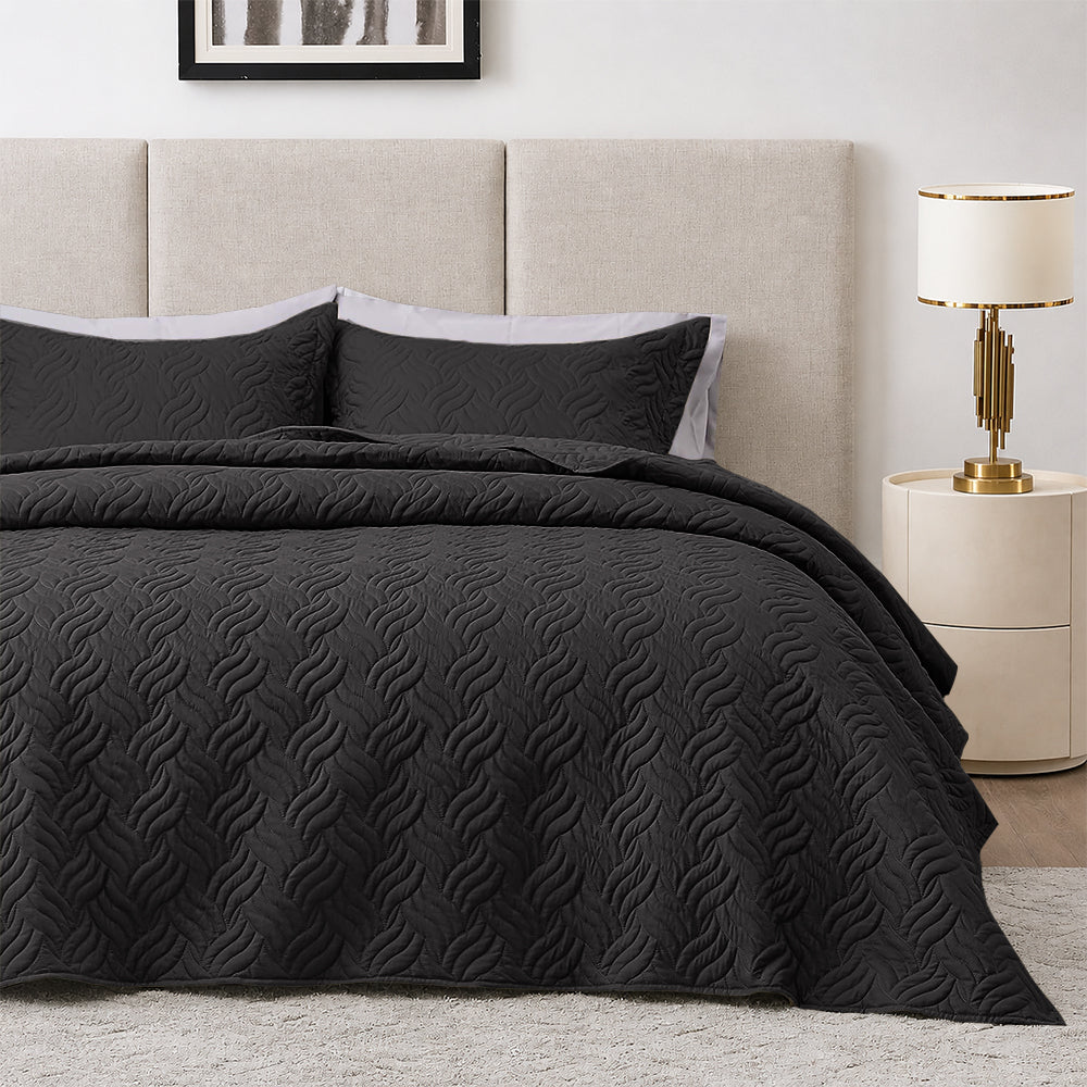3Pcs King Size Bed Spread with Pillow Covers - Black