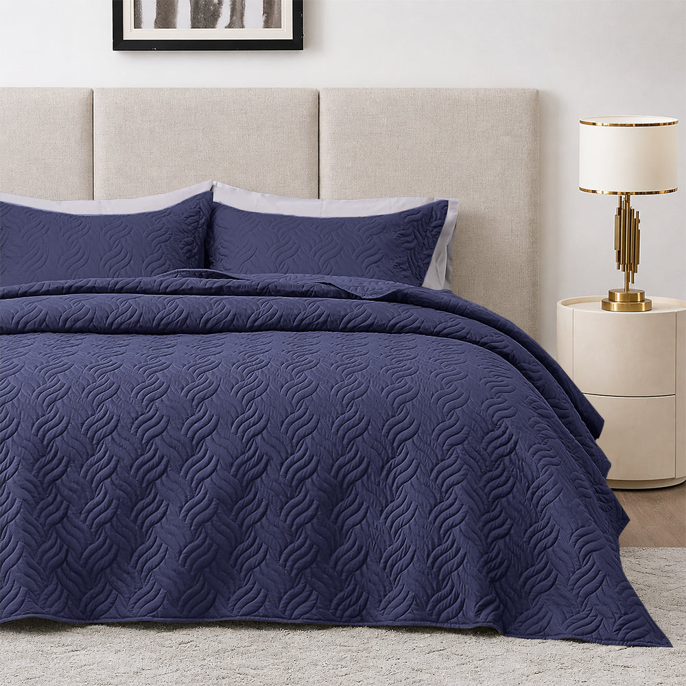 3Pcs King Size Bed Spread with Pillow Covers - Navy
