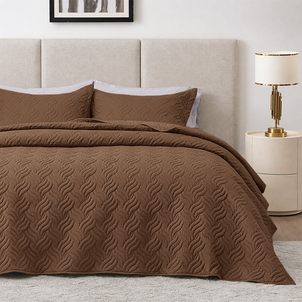 3Pcs King Size Bed Spread with Pillow Covers - Brown