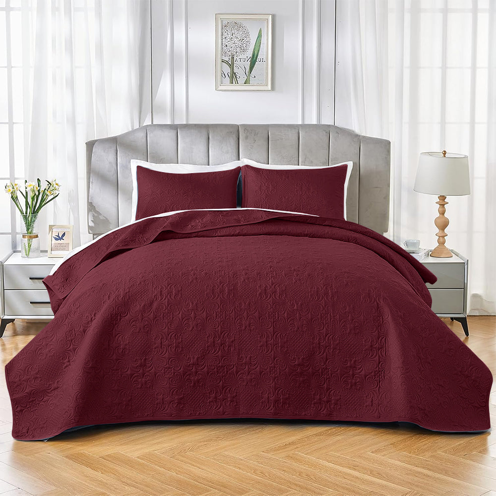 3Pcs King Size Bed Spread with Pillow Covers - Burgundy