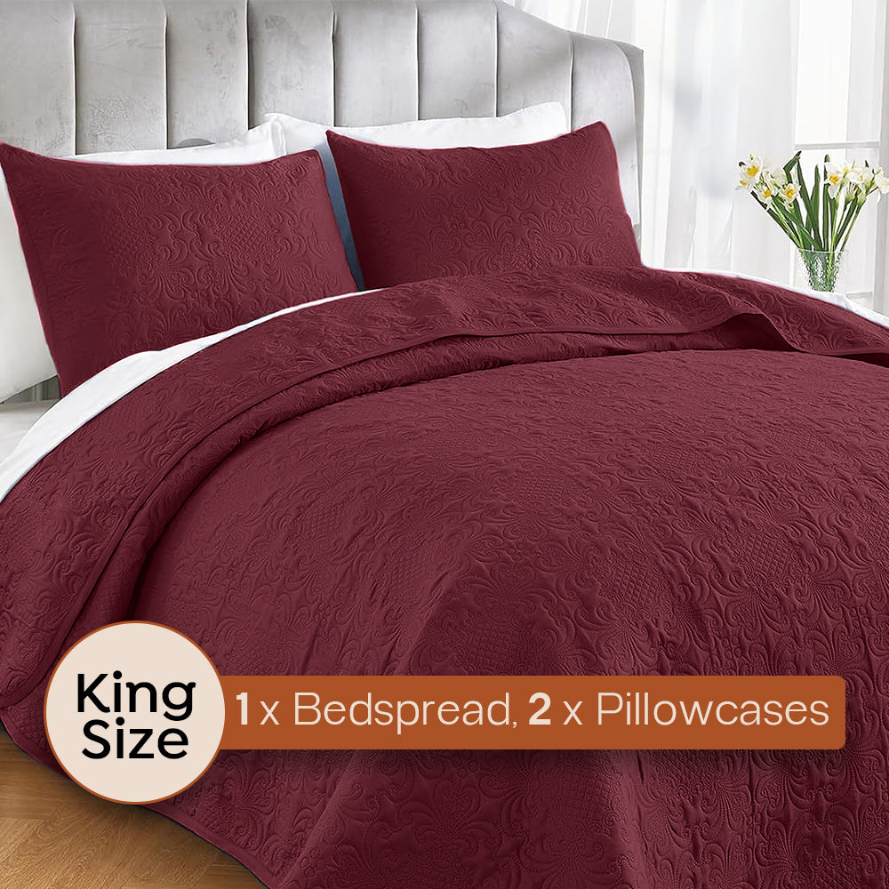 3Pcs King Size Bed Spread with Pillow Covers - Burgundy