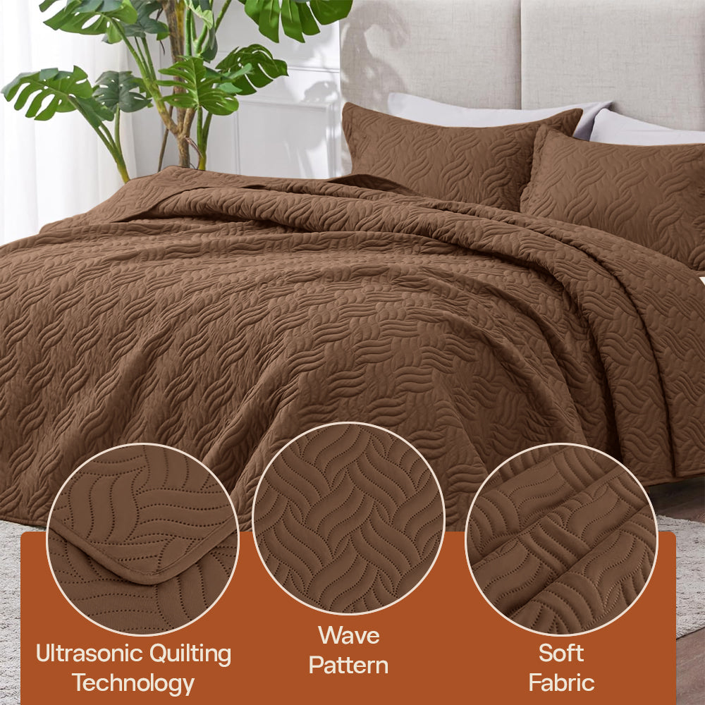 3Pcs King Size Bed Spread with Pillow Covers - Brown