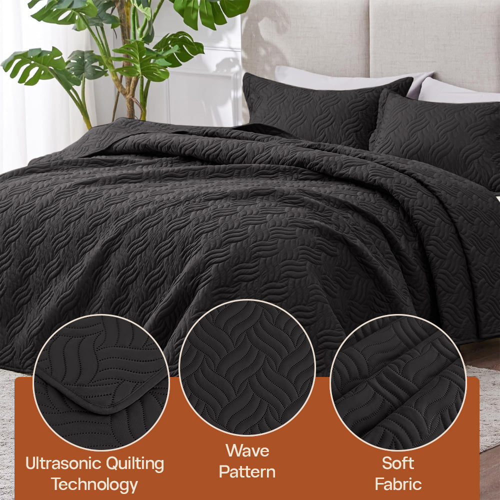 3Pcs King Size Bed Spread with Pillow Covers - Black