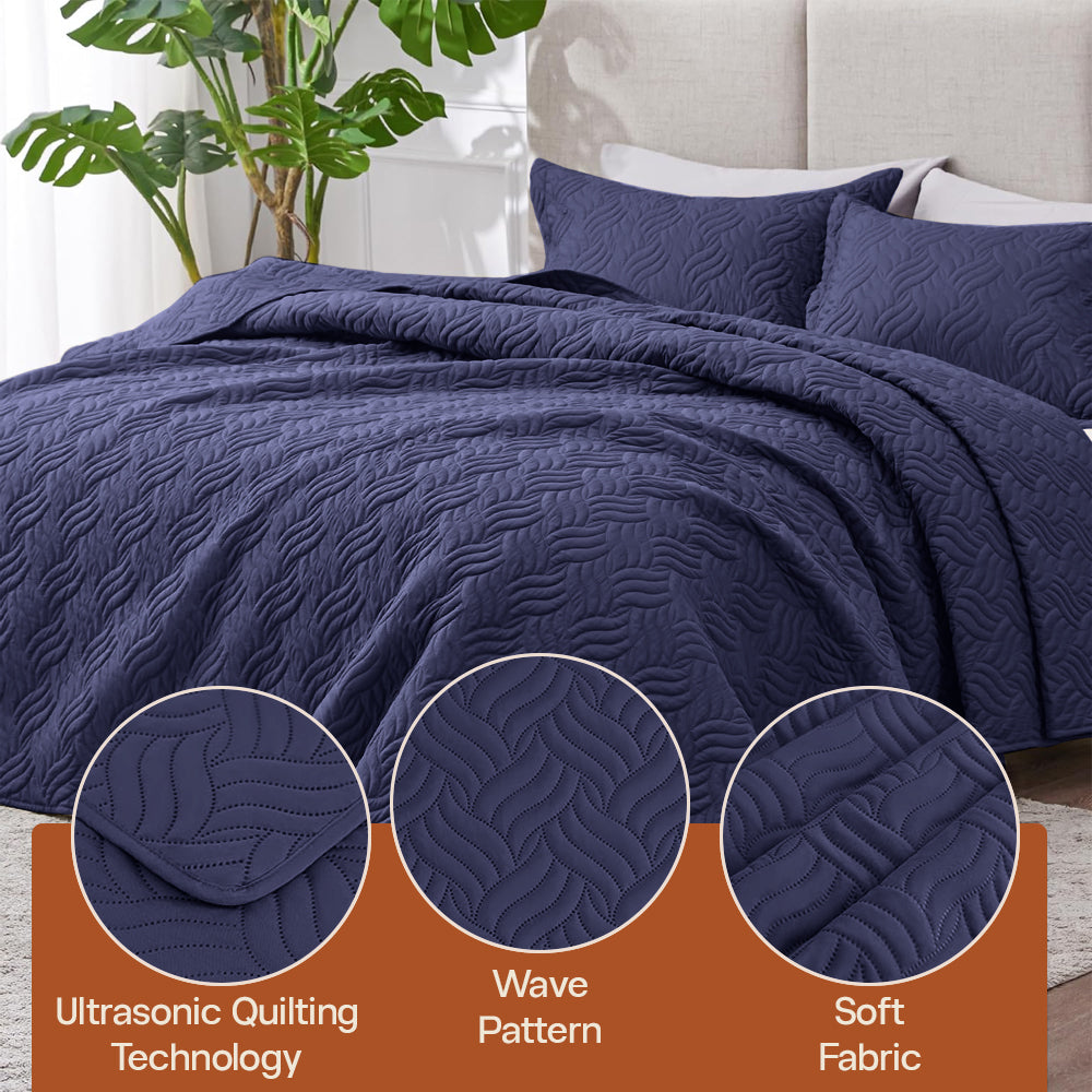 3Pcs King Size Bed Spread with Pillow Covers - Navy