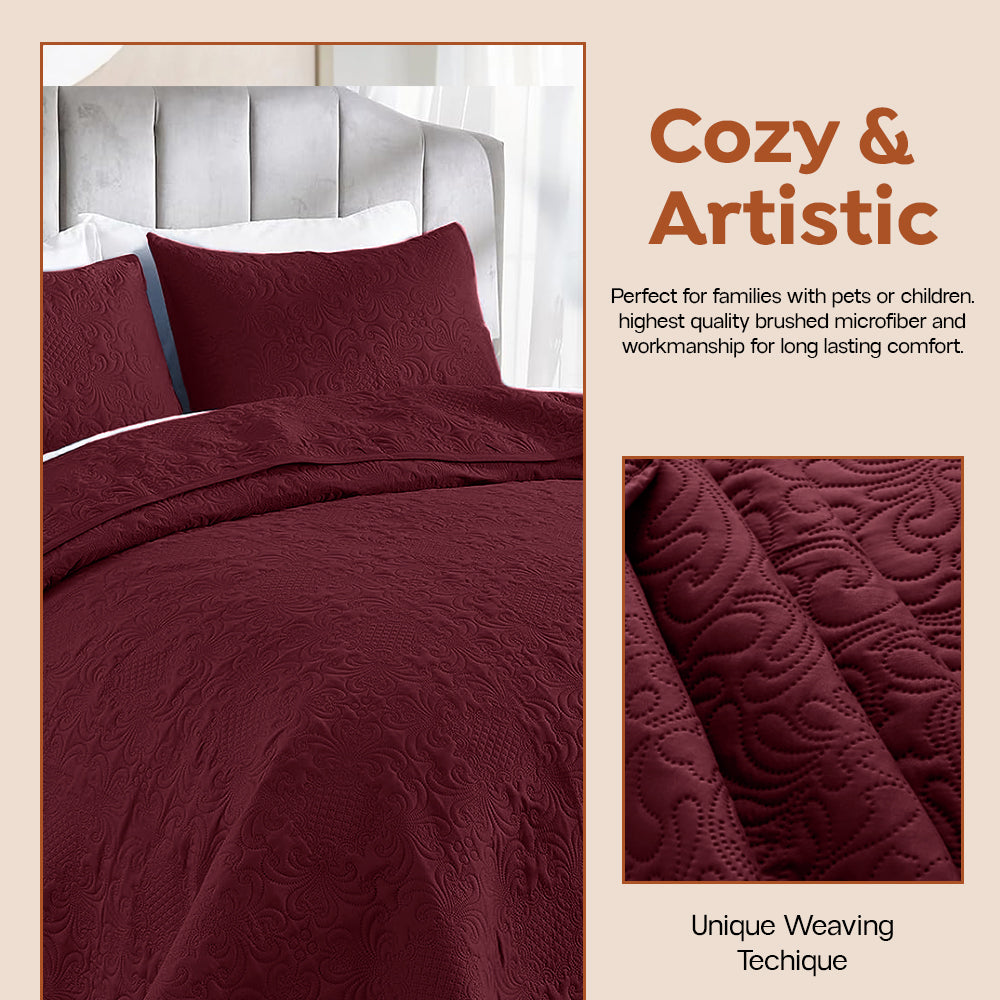 3Pcs King Size Bed Spread with Pillow Covers - Burgundy