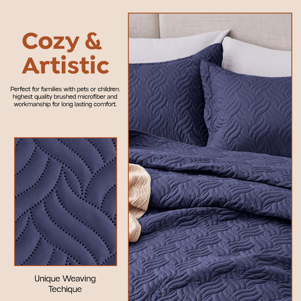 3Pcs King Size Bed Spread with Pillow Covers - Navy
