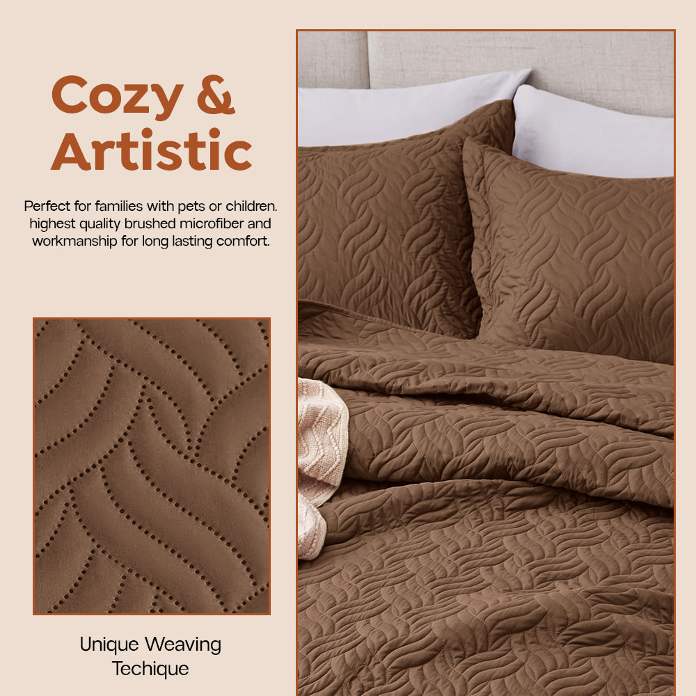 3Pcs King Size Bed Spread with Pillow Covers - Brown