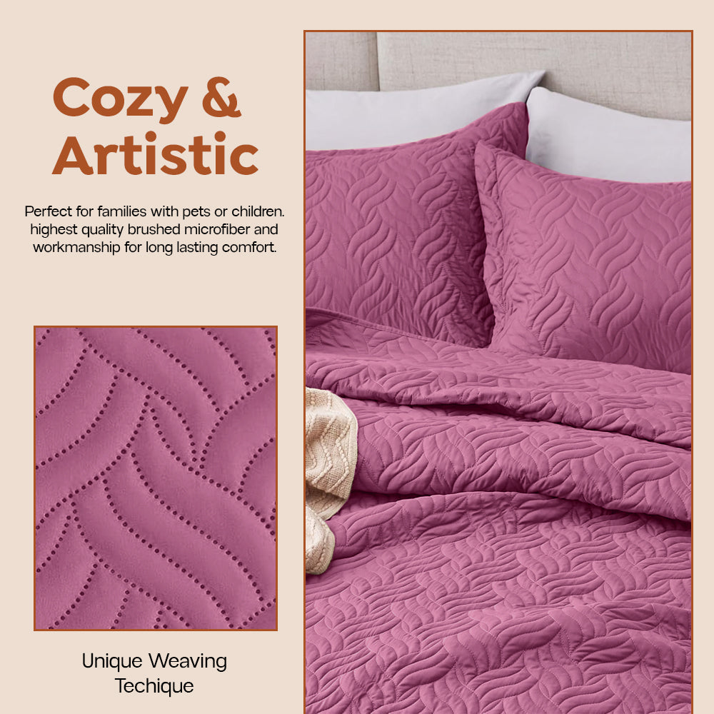 3Pcs King Size Bed Spread with Pillow Covers - Pink