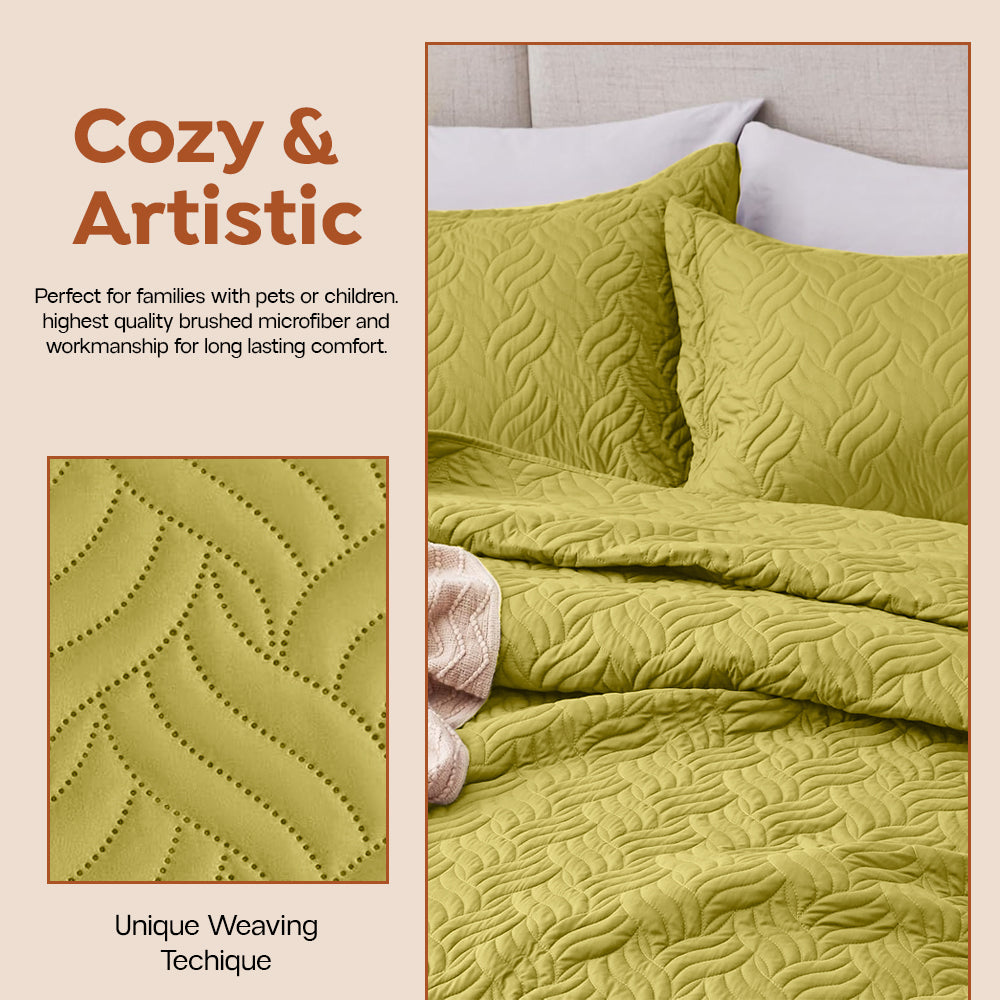 3Pcs King Size Bed Spread with Pillow Covers - Olive
