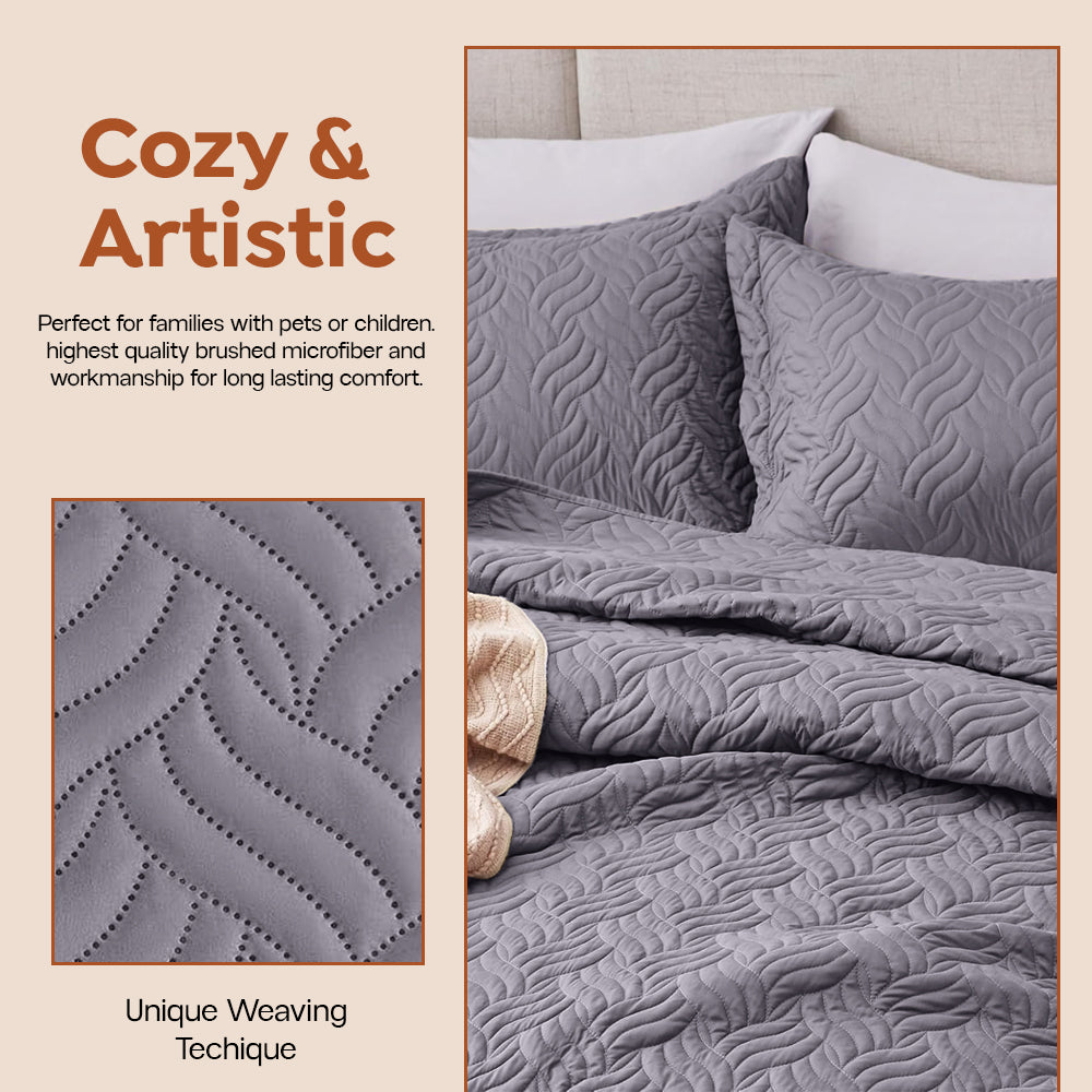 3Pcs King Size Bed Spread with Pillow Covers - Grey