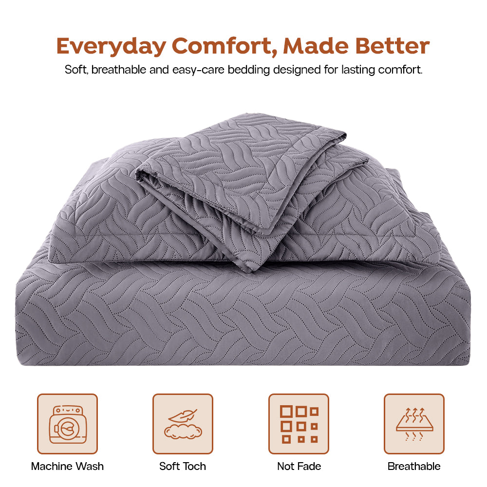 3Pcs King Size Bed Spread with Pillow Covers - Grey