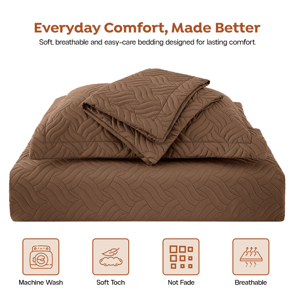 3Pcs King Size Bed Spread with Pillow Covers - Brown