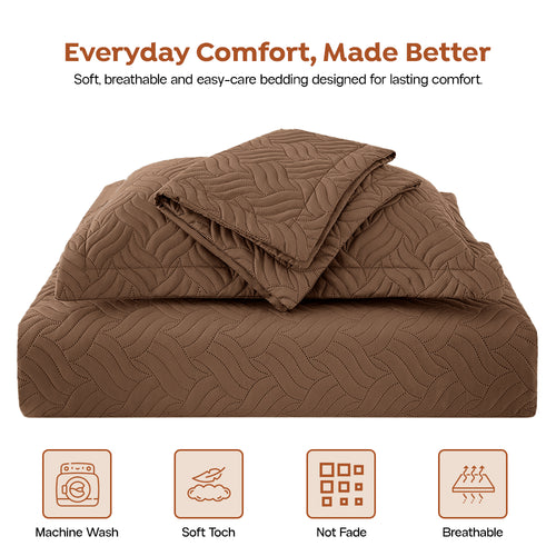 3Pcs King Size Bed Spread with Pillow Covers - Brown