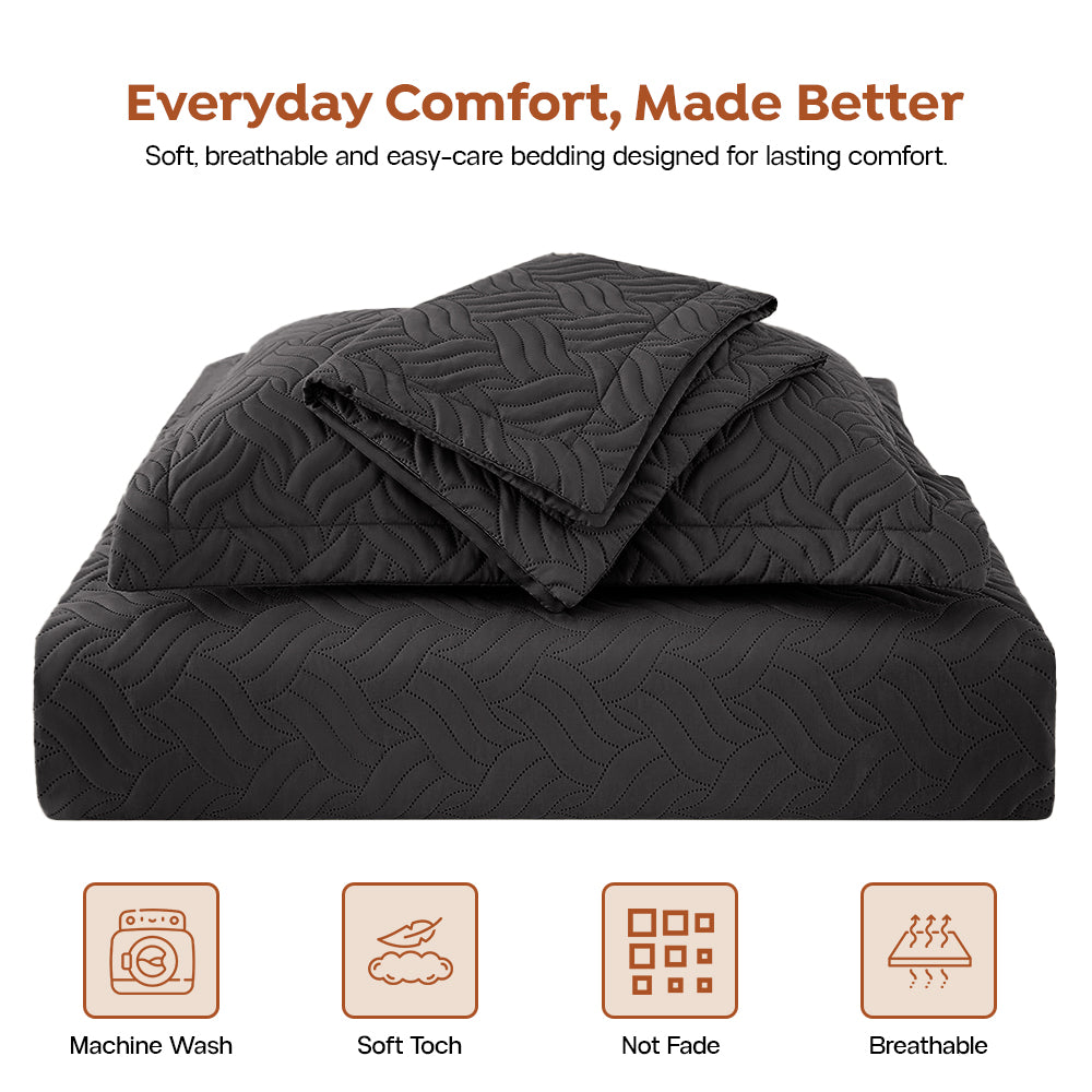3Pcs King Size Bed Spread with Pillow Covers - Black