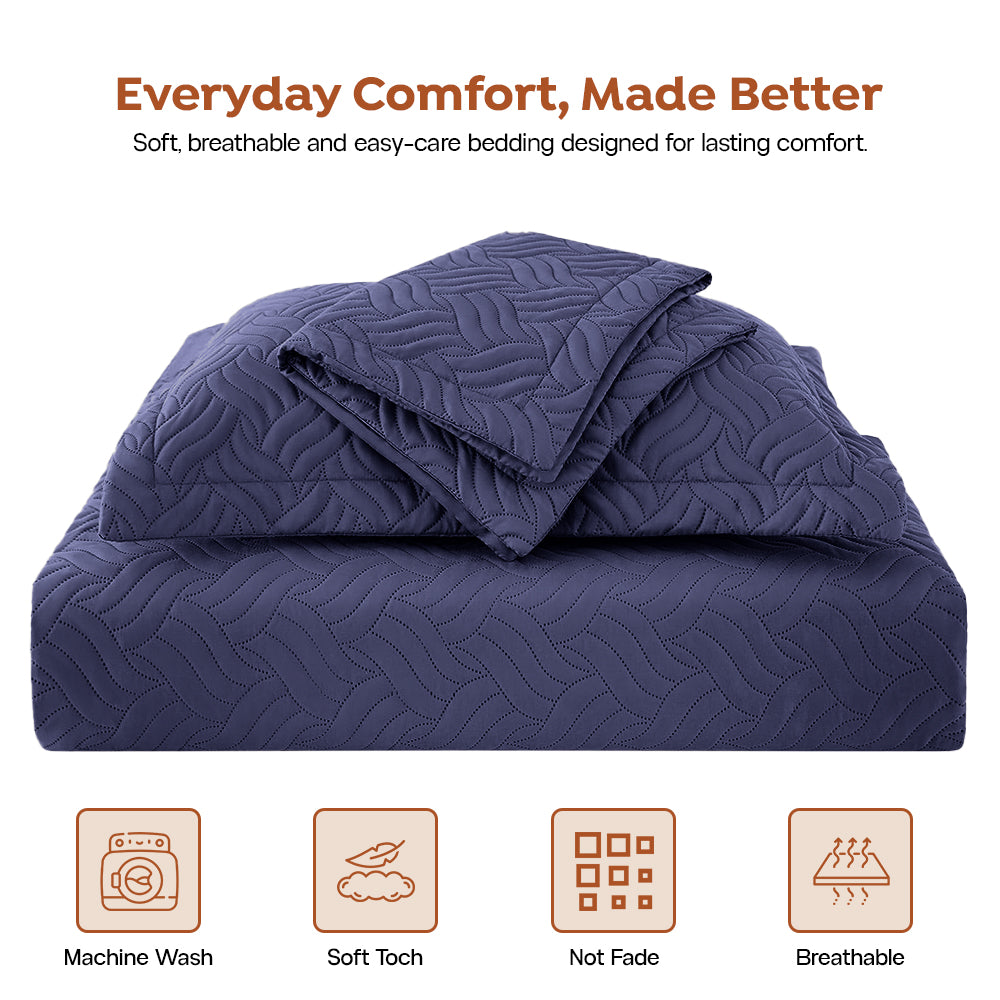 3Pcs King Size Bed Spread with Pillow Covers - Navy Blue